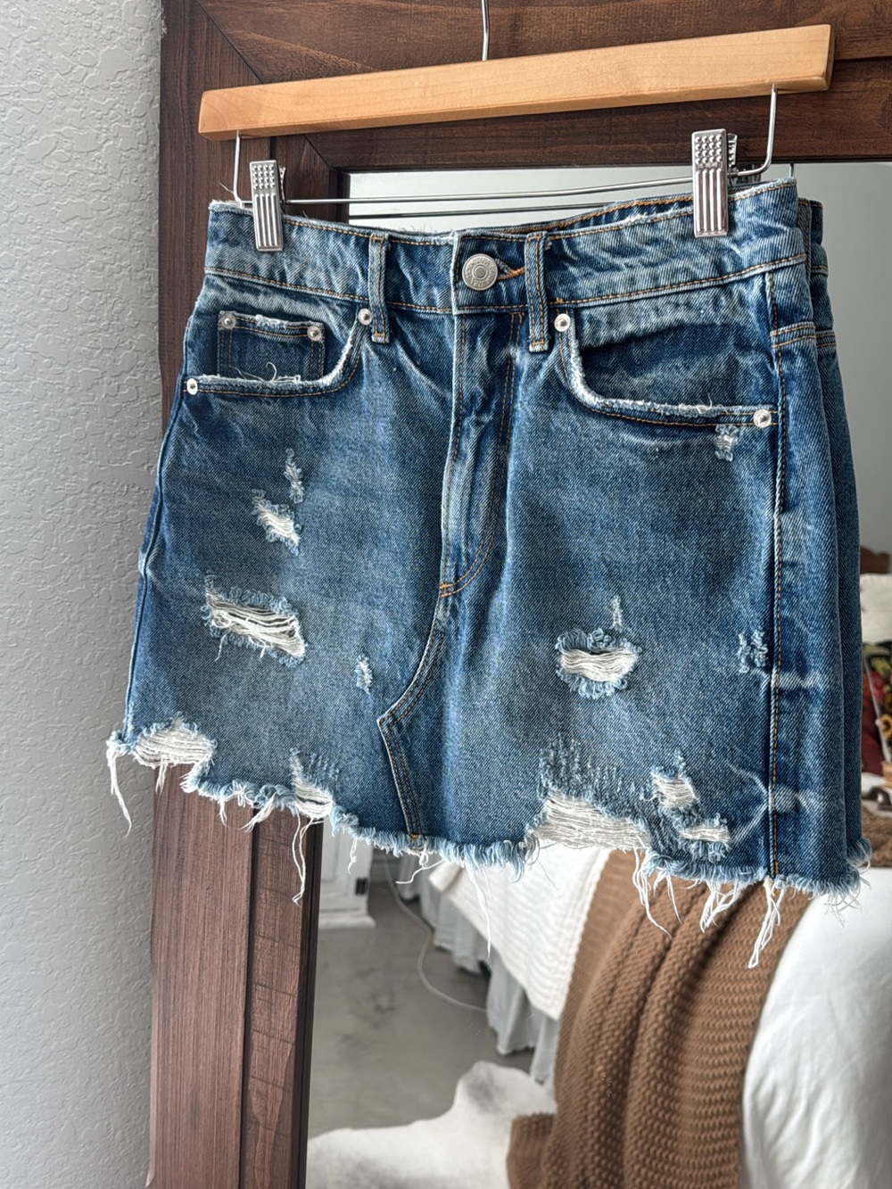 Zara Distressed Dark Blue Denim Mini Skirt